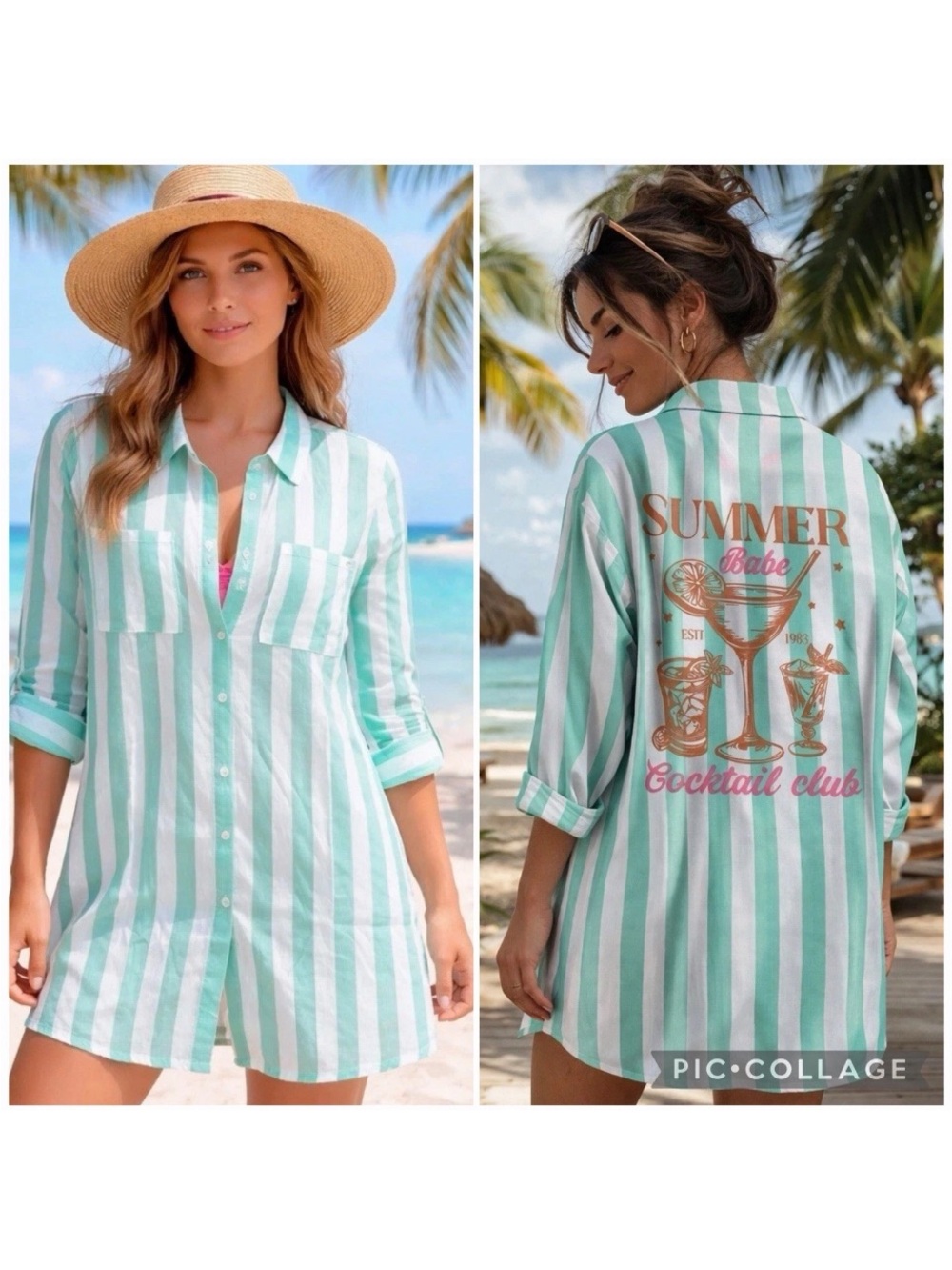 Betsey Johnson Women’s Size M Striped Seafoam Beach Button Up Shirt Summer Babe